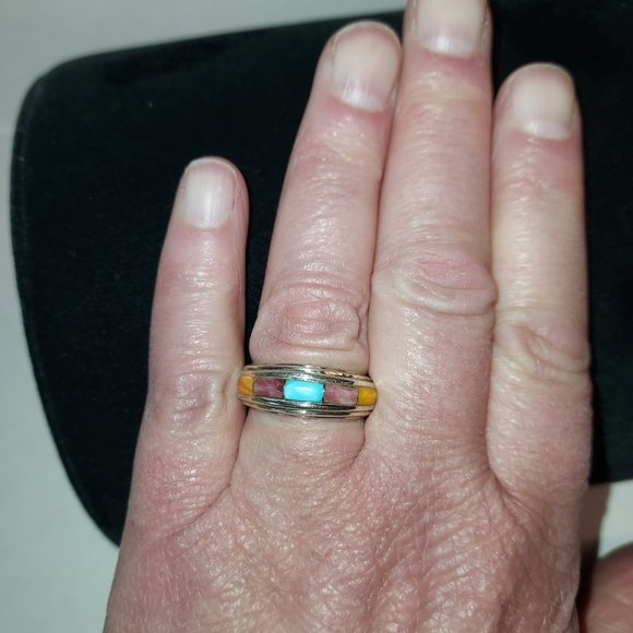 Native American Wide turquoise  & spiny oyster Inlay Ring Signed I J - Picture 10 of 11